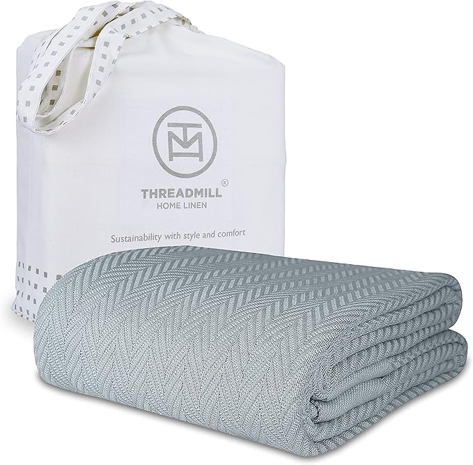 Threadmill Luxury Cotton Blankets for Twin Size Bed | All-Season 100% Cotton Twin Blanket for Bed | Herringbone Soft & Cozy Fall Thermal Blanket, 350GSM, 68x92 inches | Scottish Grey