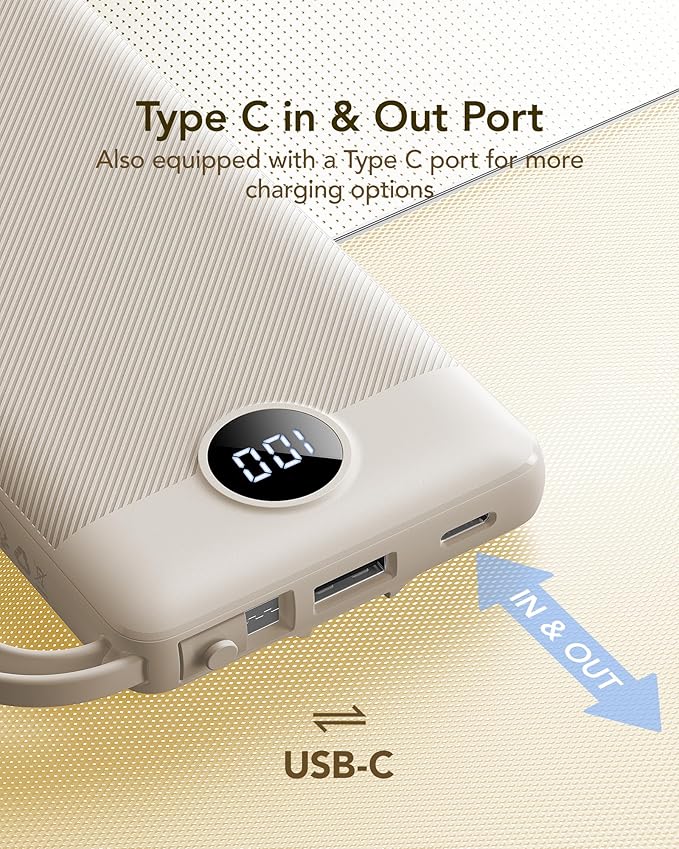 VRURC Portable Charger Power Bank,10000mAh Travel Essentials Battery Pack, 5 Outputs 2 Inputs Slim USB C Charging Bank Built-in Cables Cords Compatible with iPhone,Samsung,Android-Light Coffee(1 Pack)