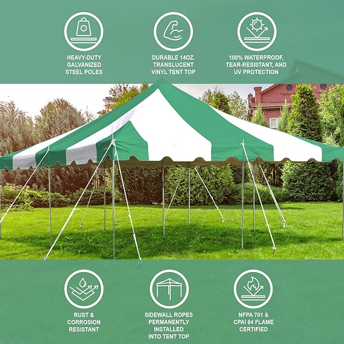 Party Tents Direct 20'x20' Weekender Standard Canopy Pole Tent - Easy Up Canopy Tent with 80 Person Capacity - Outdoor Canopies for Parties, Weddings, & Events (Green/White Top)