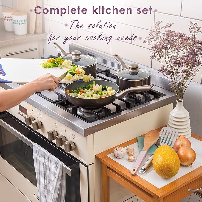 Moss & Stone 6 Pcs Dark Grey Nonstick Cookware Set, Pots And Pans Set Non stick With Glass Lid, Induction Cookware, Stay-Cool Handle PTFE/PFOA Kitchen Pots 6-Piece with Frying Pans & Saucepan