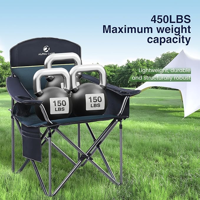 HIGH POINT SPORTS Camping Folding Chair, Heavy Duty Oversized Portable Outdoor Chair, Foldable Camp Chair with Cup Holder and Cooler Bag Support 450 LBS, Green…