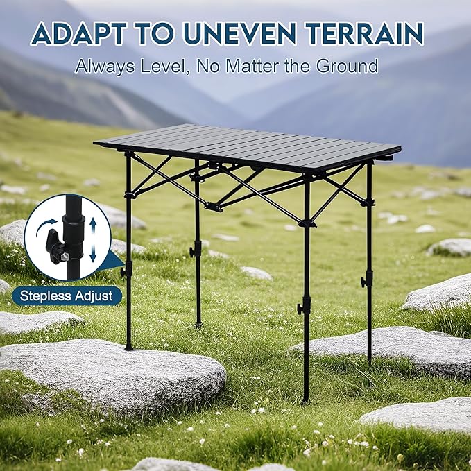 LOFTEY Folding Camping Table, Adjustable Height Aluminum Camp Table with Roll Up Top, Lightweight with Carry Bag, Portable for Camping, Backyard BBQ, Tailgating, 37.4" L x 21.7" W x 32" H, Black