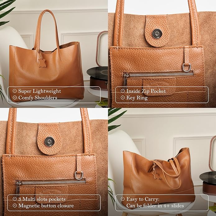 Italian Leather Tote Bag for Women - Large Shoulder Shopper, Fits 16” Laptop, Keychain Holder, Made in Italy