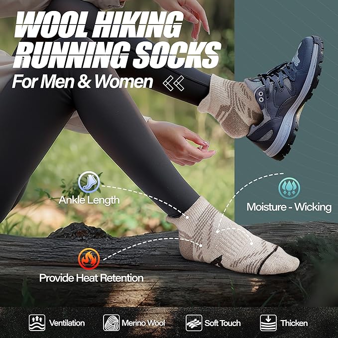 ANTSANG 6 Pairs Merino Wool Ankle Hiking Running Socks Compression Thick Cushion Breathable No Show Socks for Men Women