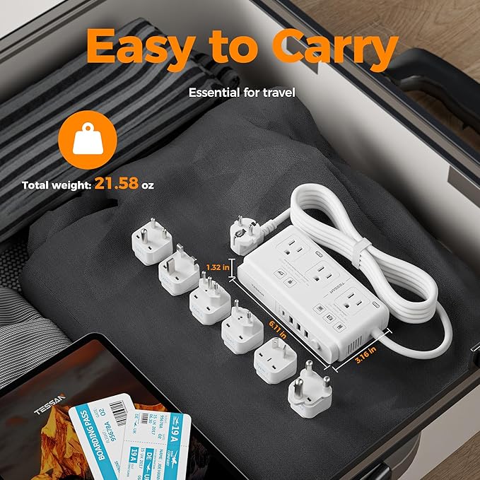 TESSAN Voltage Converter US to Europe 220 to 110, Universal Travel Adapter Voltage Converter with 4 USB Ports (1 USB C), 3 AC and EU UK AU IT in ZA Plug Power Adapter, Step Down Transformer, 6 FT