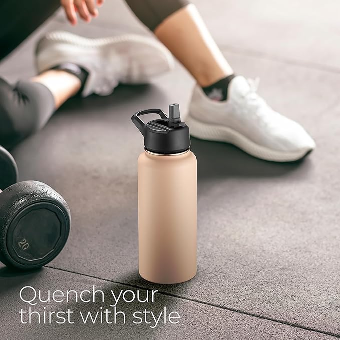 SipX™ Triple-Insulated Stainless Steel Water Bottle 32oz. With 3 Lids, BPA-Free Reusable Insulated Water Bottle Keeps Cold 24 Hours, Metal Water Bottle Made Of Sustainable Material For Hiking & Biking
