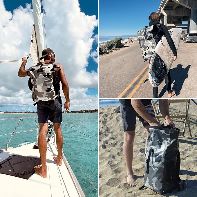 COR Surf Waterproof Backpack with Laptop Sleeve | Heavy Duty Hiking, Kayak Dry Bag Backpack | Roll-Top Closure (40L Camo)