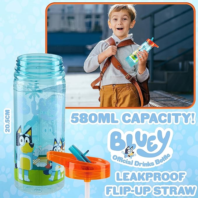Bluey 560ml/580ml Plastic Water Bottle with Straw, BPA Free, 3D Travel Reusable Bottle, Perfect for Nursery, Preschool, Sports, Days Out