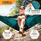 Foxelli Camping Hammock - Lightweight Portable Hammock, Easy Setup with Tree-Friendly Ropes & Steel Carabiners, Heavy Duty Parachute Nylon for Indoors and Outdoors