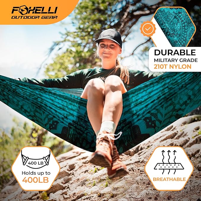 Foxelli Camping Hammock - Lightweight Portable Hammock, Easy Setup with Tree-Friendly Ropes & Steel Carabiners, Heavy Duty Parachute Nylon for Indoors and Outdoors