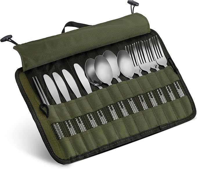 13 Piece Stainless Steel Family Cutlery Picnic Utensil Set with Travel Case for Camping | Hiking | BBQs - Includes Forks | Spoons | Knifes | Chopstick, Plus Nylon Commuter Case (Green)