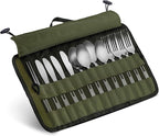 13 Piece Stainless Steel Family Cutlery Picnic Utensil Set with Travel Case for Camping | Hiking | BBQs - Includes Forks | Spoons | Knifes | Chopstick, Plus Nylon Commuter Case (Green)