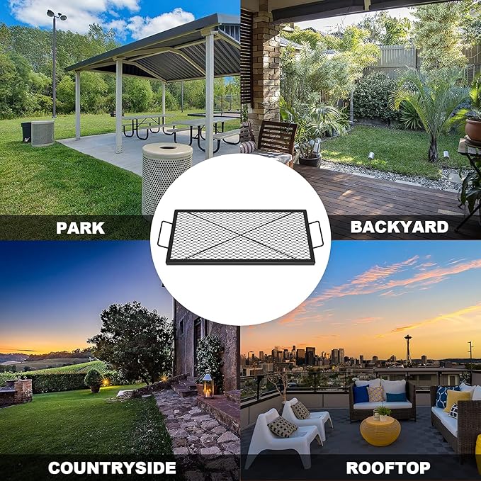 Onlyfire Barbecue Rectangle X-Marks Fire Pit Cooking Grate, Heavy Duty Steel Campfire BBQ Grill Grid with Handle Grill Grate for Outdoor, 32-Inch