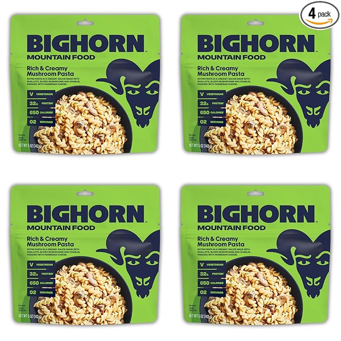 BIGHORN Mountain Food Vegetarian Creamy Mushroom Pasta - contains 4 packs | 8 servings | 128g Protein | 2,600 Calories - premium freeze dried meals for backpacking food - vegetarian backpacking meal - ideal camping meals just add water - great taste