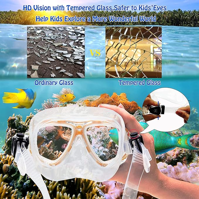 Kids Mask Fins Snorkel Set Snorkeling Packages, with Diving Mask, Snorkel, Adjustable Swim Fins, Mesh Bag, Anti-Fog Anti-Leak Snorkeling Gear for Kids for Snorkeling Swimming Diving