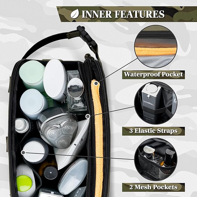PAVILIA Tactical Toiletry Bag for Men, Travel Hygiene Bag, Military Gear Dopp Kit, Water Resist Molle Accessories Pouch, Mens Shaving Essentials, Gym Bathroom Shower Small Toiletries Tool EDC, Olive