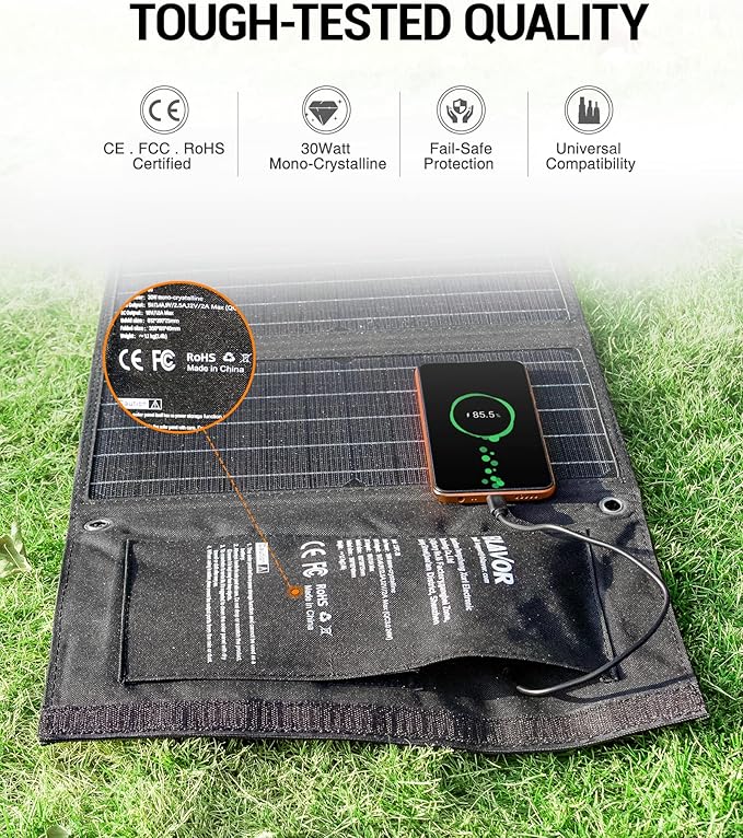 BLAVOR 30W Solar Charger USB-A QC3.0 24W USB-C DC 30W Outputs, Foldable Solar Panel for Camping, IPX4 Waterproof, Solar Battery Charger Compatible with Solar Generators, Phones, Tablets