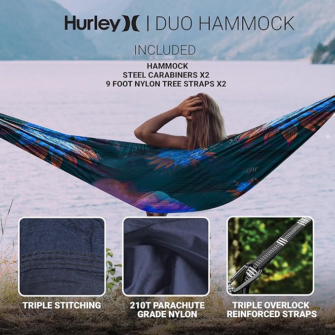 Hurley Duo Camping Hammock - 1 Person Portable Hammock for Camping, Heavy Duty Hammock with Parachute Nylon Fabric - Camping Accessories & Camping Gear for Outdoor Activities - Holds Up to 400lbs