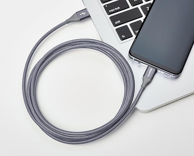 Amazon Basics Nylon Braided USB-C to USB-A 2.0 Fast Charging Cable, 480Mbps Speed, USB-IF Certified, for Apple iPhone 16/15, iPad, Samsung Galaxy, Tablets, Laptops, 6 foot, Dark Grey