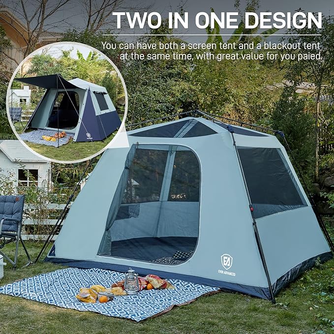 EVER ADVANCED Blackout 6 Person Camping Tent, Instant Cabin Tent for Family with Vestibule and Large Mesh Windows, 60s Easy Setup, Double Layer, Water-Resistant
