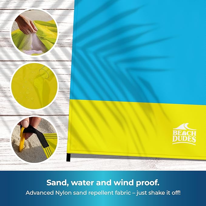 Sandproof Waterproof Beach Blanket Extra Large 108"x 84", Mat for Family, Quick Dry Ripstop Nylon Lightweight, Compact for Travel, Picnic, Camping w/ 4 Anchor Stakes and Carry Bag