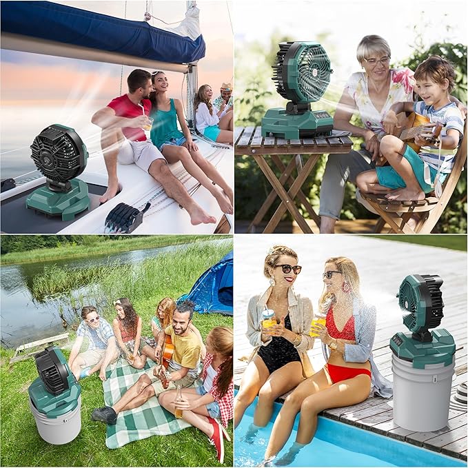 Portable Misting Fan, 4 Powerful Speed & 4 Spray Modes, 30000mAh Battery Powered, Remote Control, Auto Oscillation with Adjustable Base fit for 10-13 inch Bucket for Outdoor Camping Beach Travel