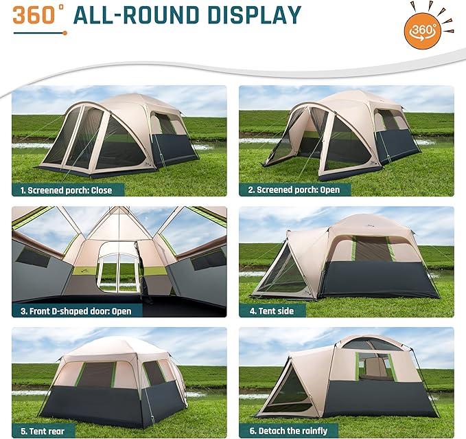 Tents for Camping 6/8/10 Person Camping Tent with Screen Porch, Weatherproof Large Cabin Tent with Rainfly and Carry Bag, Family Tent for Outdoor Camping and Backyard