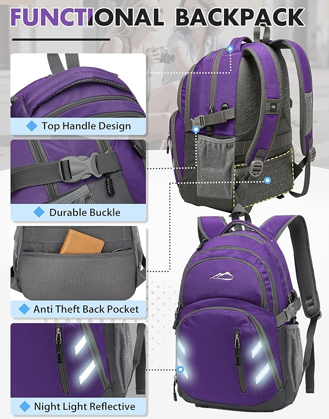 ProEtrade Backpack Bookbag for College Laptop Travel, Fit Laptop Up to 15.6 inch with USB Charging Port Multi Compartment Anti theft, Gift for Women Men (Purple)