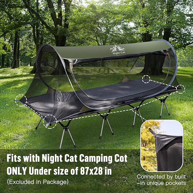 Night Cat Pop-up Mosquito Tent: 1 Person Camping Tent with Bug Screen Net Easy Set-up Tent Fits with Camping Cot (Excluded)