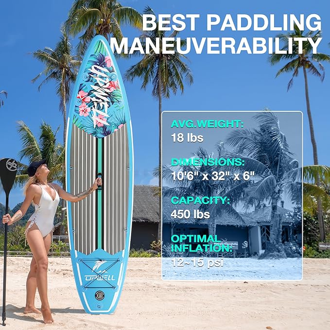 UPWELL 10'6"/11'/11'6" Inflatable Paddle Board, Stand Up Paddlboard for Youth & Adults, Stable Design, Premium SUP Accessories, Backpack, Leash, Hand Pump, Fins
