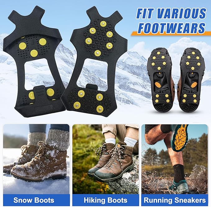 Ice Snow Cleats for Shoes Boots,Walk Traction Cleats Rubber Crampons Anti Slip 10-Stud Winter Ice Cleat Slip-on Stretch Footwear for Women Men Kids