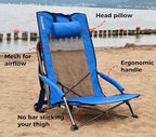 SPORT BEATS Low Beach Chairs Set of 2 Folding Beach Chairs High Back Support with Head Pillows Shoulder Straps