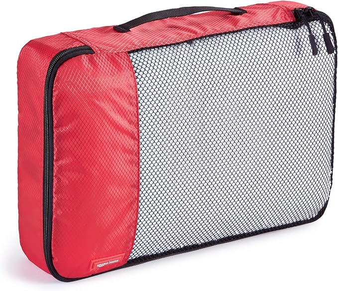 Amazon Essentials 4-Piece Packing Cubes Travel Accessories Set, Luggage Organizer with Double Zipper, Mesh Top, 100% Polyester, Small/Medium/Large/Slim, Red (Previously Amazon Basics)