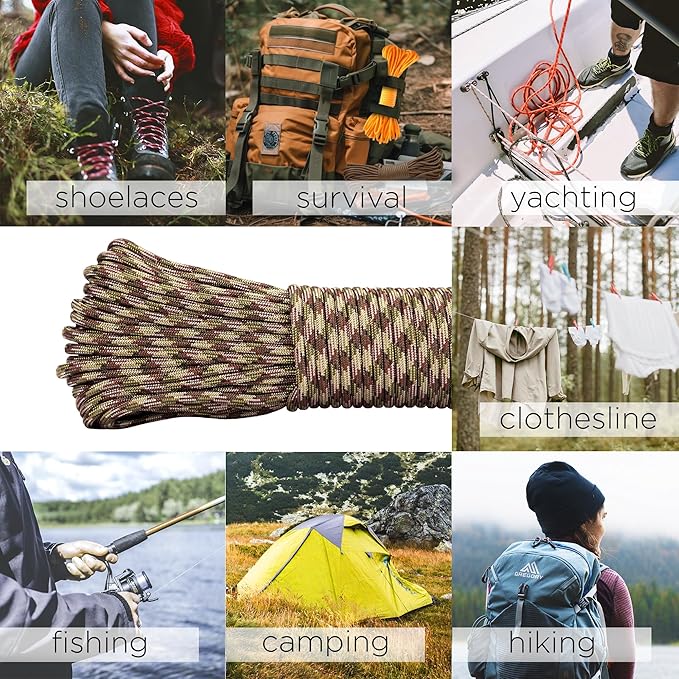 TECEUM 5/32" Paracord Rope 1000 – 1000ft / 200ft / 100ft / 50ft – Tactical Parachute Cord 4mm – 45+ Colors – Nylon String for Survival & Camping Gear – Stripe Cord for Survival – Utility Rope