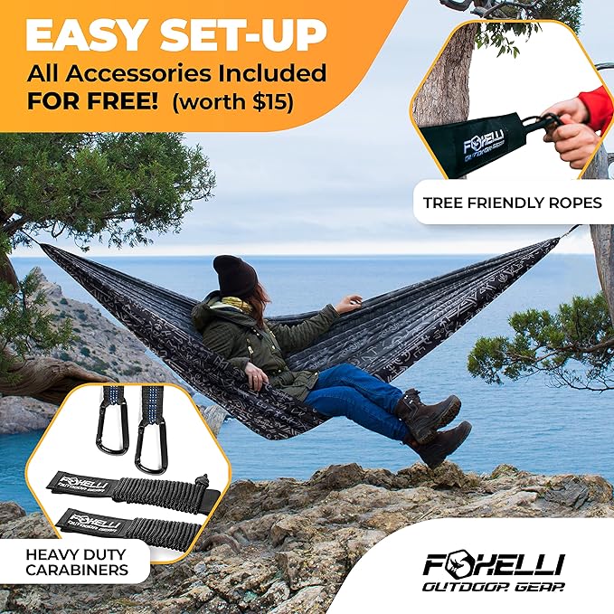 Foxelli Camping Hammock - Lightweight Portable Hammock, Easy Setup with Tree-Friendly Ropes & Steel Carabiners, Heavy Duty Parachute Nylon for Indoors and Outdoors