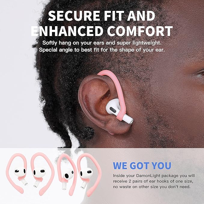 Ear Hooks 2 Pairs for AirPods Pro 2 & 1, AirPods 4 & 3, Anti-Slip Comfortable Fit, Ergonomic Design, Accessories (Large, Pink)