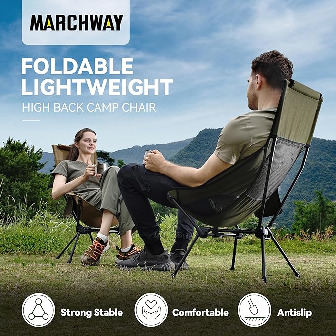 MARCHWAY Lightweight Folding High Back Camping Chair with Head Support, Stable Portable Compact for Outdoor Camp, Travel, Beach, Picnic, Festival, Hiking, Backpacking (Highback Green)