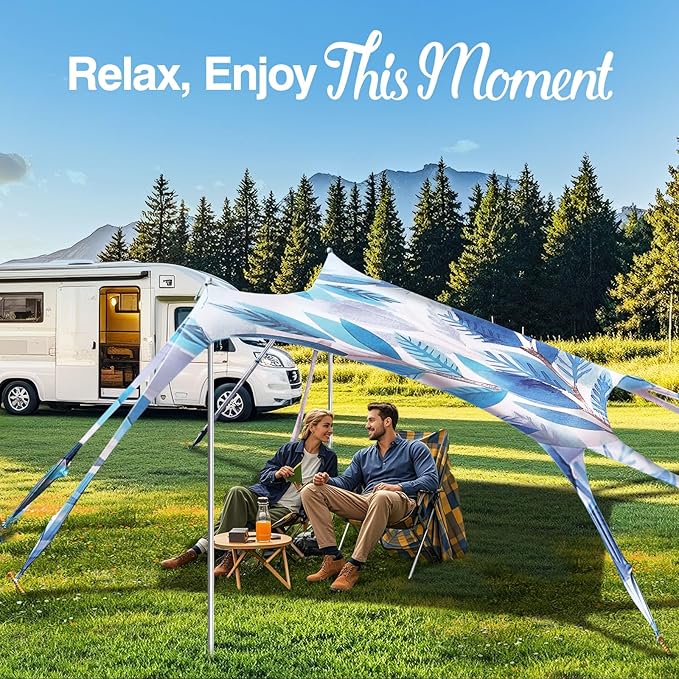 Rhino Valley Beach Tent Shade Canopy UPF50+ Protection, 8 Sandbags, 4 Stability Poles, Outdoor Sun Shelter Umbrella for Sand, Camping, Fishing Essentials
