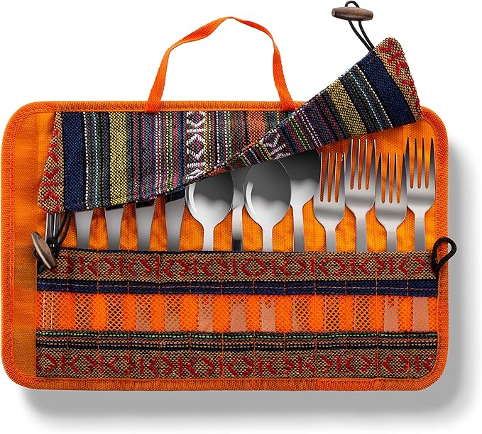 13 Piece Stainless Steel Family Cutlery Picnic Utensil Set with Travel Case for Camping | Hiking | BBQs - Includes Forks | Spoons | Knifes | Chopstick, Plus Nylon Commuter Case (Orange)