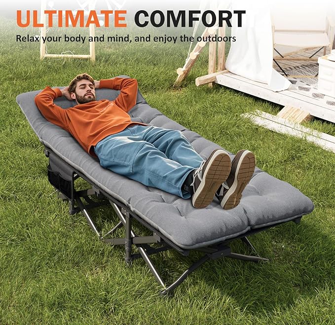 ATORPOK Camping Cot for Adults with Cushion Comfortable, Portable Folding Bed for Sleeping Supports 450 lbs (Gray)