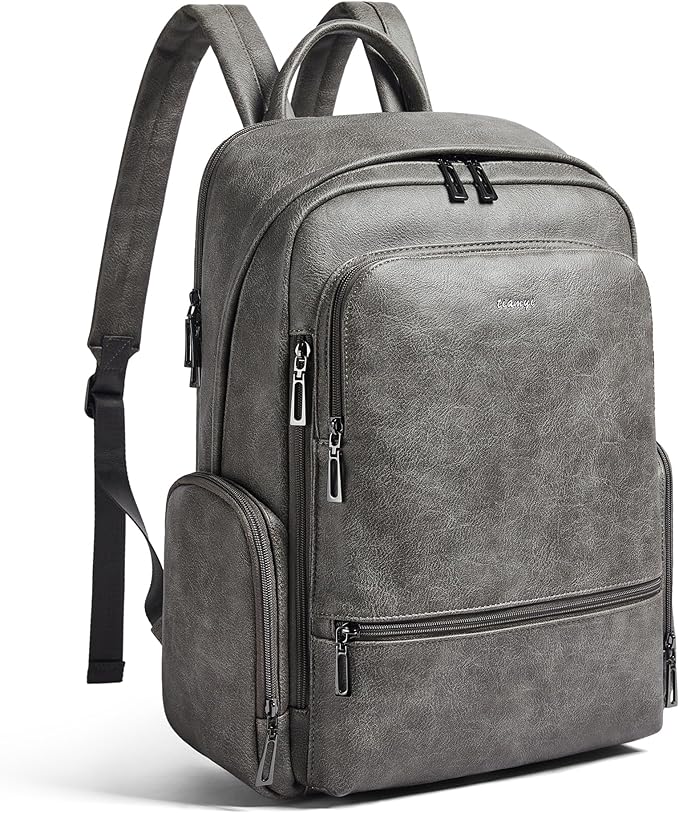 Leather Backpack for Women, Fits 15.6 Inch Laptop, Soft Vegan Leather Backpack for Travel and Daily Use, Grey
