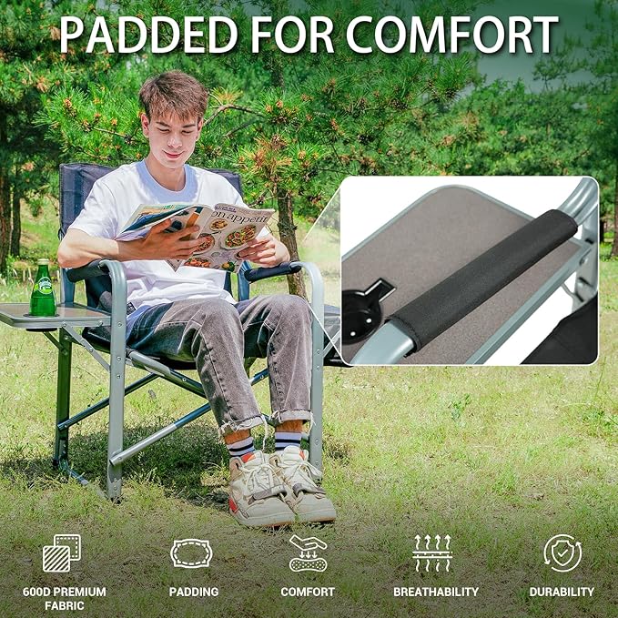 KingCamp XXL Oversized Directors Chair with Side Table, Heavy Duty Camping Chairs 600lbs with Cooler Bag, Portable Folding Camp Chair with Wide Seat for Camping Hiking Fishing Lawn Outdoor and Sports