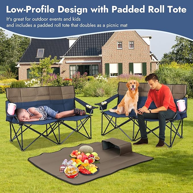Oversized Double Camping Chairs, Folding Outdoor Chairs with Padded Roll Tote, Heavy Duty Camping Chair for Beach, Lawn, Fishing, and Sports (Blue+Gray)