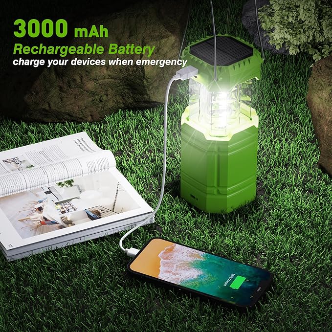 3000mAh Large Capacity Hand Crank Solar Camping Lantern, Portable Ultra Bright LED Torch, 23-26 Hours Running Time, USB Charger, Electronic Lantern for Outdoor