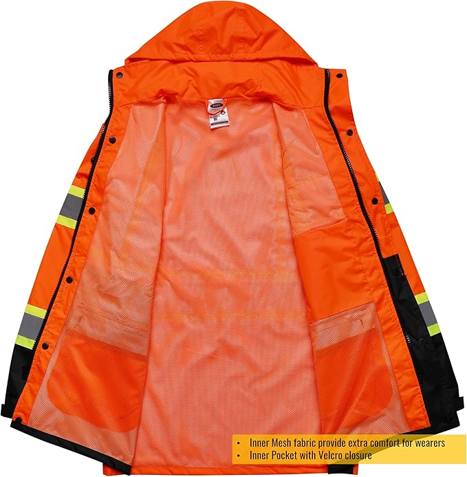 JKSafety Hi-Vis Reflective Safety Rain Jacket and Pants for Men Women Waterproof Rain Gears for Farming Fishing Work HV Rain Suit with Inner Mesh Lining and Pockets (117-Orange XXL)