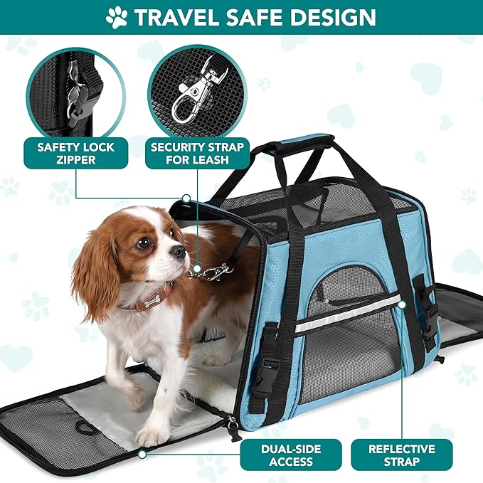 PetAmi Airline Approved Pet Carrier for Cats & Small Dogs, Soft Sided TSA Travel Carrier Bag with Sherpa Bed, Breathable Mesh Ventilation, Collapsible Bowl, Fits Under Seat, Up to 18 lbs, Small Blue