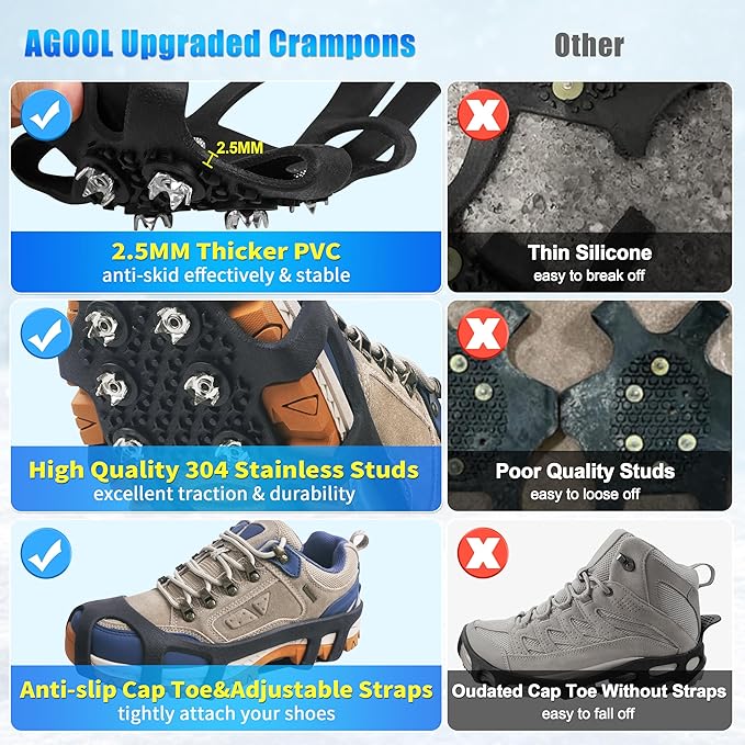Ice Cleats for Shoes and Boots Snow Traction Cleats Crampons for Walking on Snow and Ice 9 Studs Non-Slip Overshoe Rubber Anti Slip Crampons Slip-on Stretch Footwear Winter Hiking Climbing Ice Fishing