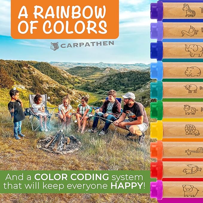 CARPATHEN Marshmallow Roasting Sticks Campfire - Set of 10pcs Smores Sticks With Beautifully Engraved Handles - Perfect as a Gift - Telescoping Stainless Steel Hot Dog Sticks Skewers