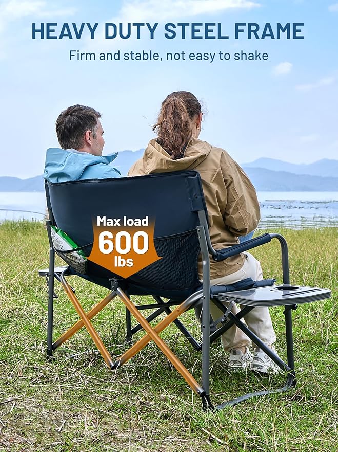 TIMBER RIDGE Double Camping Chair Portable Loveseat, Heavy Duty Folding Camp Couch 2 Person Director Chairs with Cup Holder for Outdoor Lawn Tailgates Picnic Sports Soccer Games Supports 600 lbs Blue