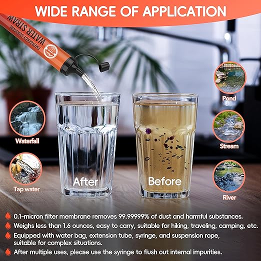 Straw Water Filter, Personal Emergency Water Filtration System, Water Purifier, Outdoor Emergency Survival Gear and Equipment for Hiking Camping Accessories Travel Fishing Preparedness (5PCS)